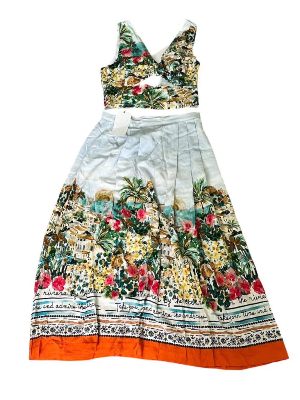 ZARA NWT Printed Co‑Ord Set Knotted Crop Top & Midi Skirt Size XS Boho Garden - Picture 7 of 14